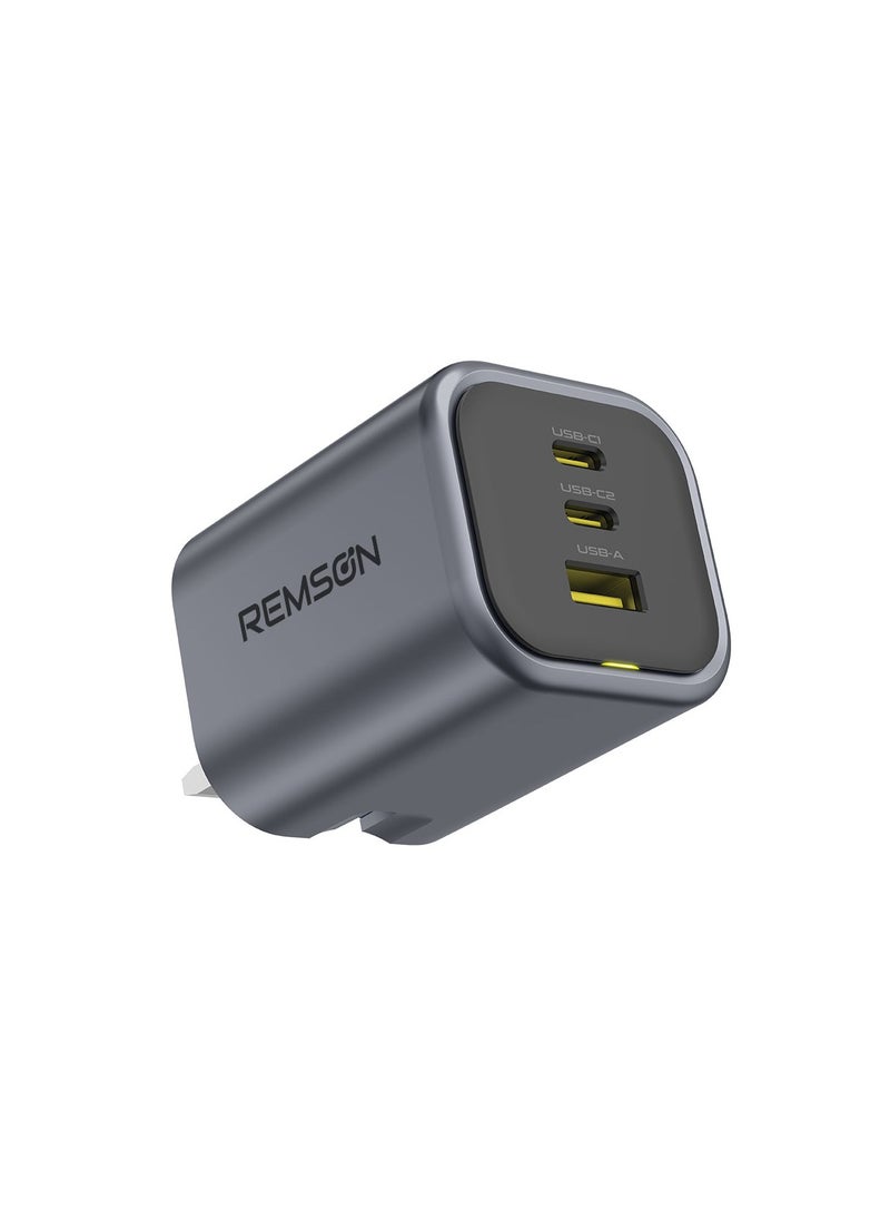 Remson Remson Neo Power 65W GaN Wall Charger QC 3.0 PD 2 USB-C / 1 USB-A Ports Foldable Plug with Fast Charging Indicator Compatible with iPhone, iPad, Samsung, Huawei, Xiaomi etc  - Image 1