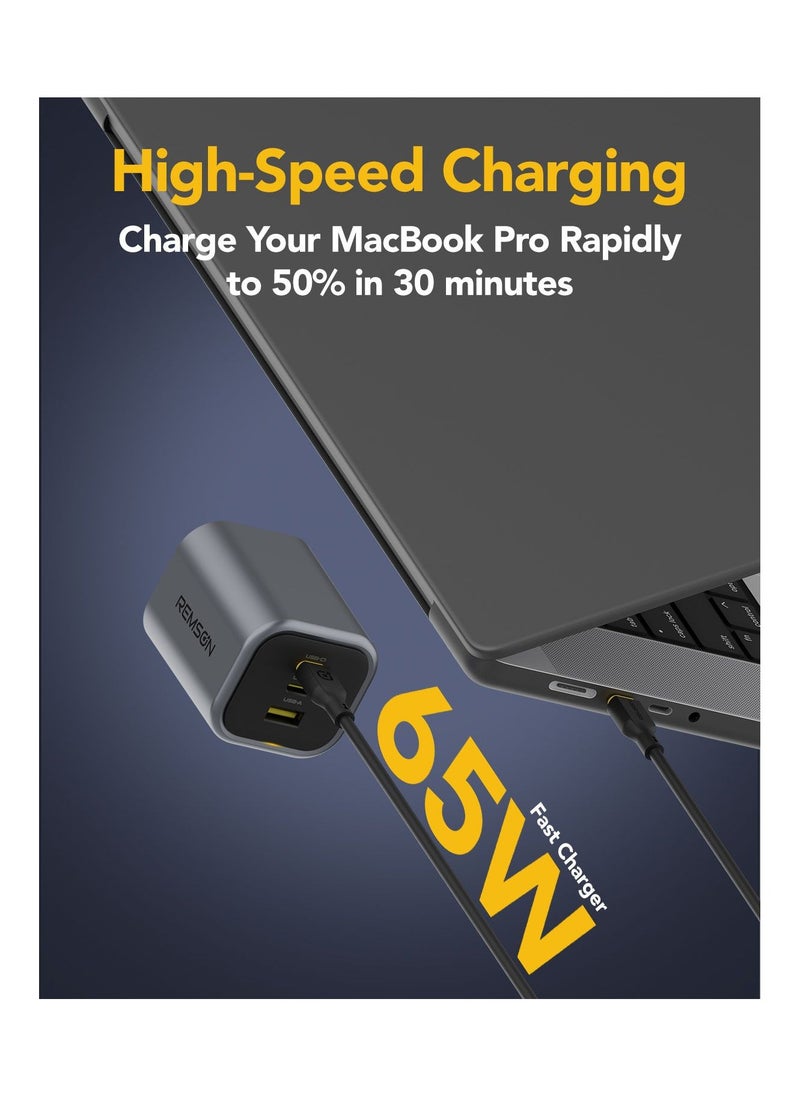Remson Remson Neo Power 65W GaN Wall Charger QC 3.0 PD 2 USB-C / 1 USB-A Ports Foldable Plug with Fast Charging Indicator Compatible with iPhone, iPad, Samsung, Huawei, Xiaomi etc  - Image 3