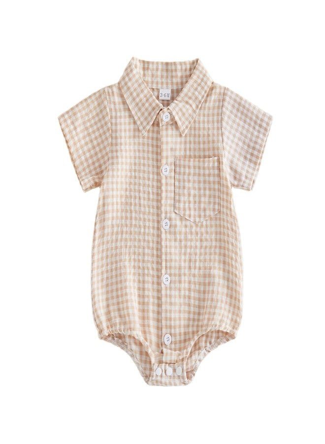 Karuedoo Newborn Infant Baby Boy Summer Clothes Gingham Button Down Shirt Bubble Romper Short Sleeve Plaid Collared Bodysuit (A-Khaki, 3-6 Months) - Image 1