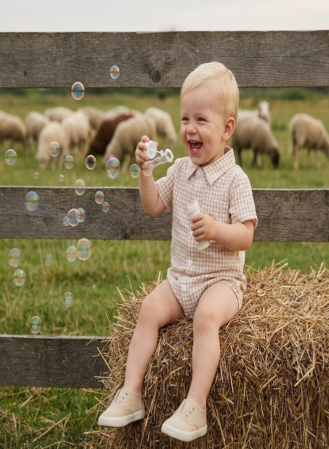 Karuedoo Newborn Infant Baby Boy Summer Clothes Gingham Button Down Shirt Bubble Romper Short Sleeve Plaid Collared Bodysuit (A-Khaki, 3-6 Months) - Image 4