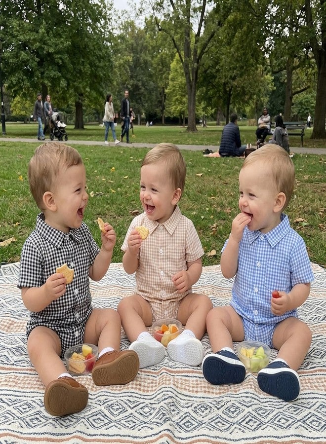 Karuedoo Newborn Infant Baby Boy Summer Clothes Gingham Button Down Shirt Bubble Romper Short Sleeve Plaid Collared Bodysuit (A-Khaki, 3-6 Months) - Image 2