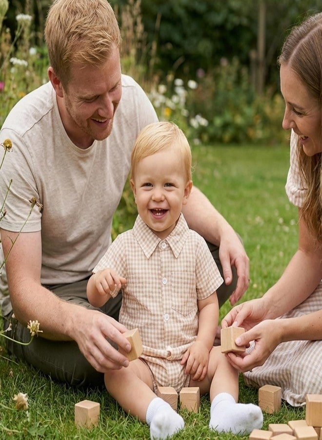 Karuedoo Newborn Infant Baby Boy Summer Clothes Gingham Button Down Shirt Bubble Romper Short Sleeve Plaid Collared Bodysuit (A-Khaki, 3-6 Months) - Image 3