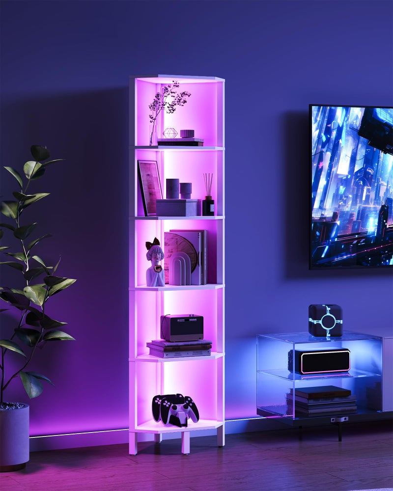 CHOEZON رف زاوية LED من CHOEZON مع أضواء، رف كتب على شكل ماسة مكون من 5 طبقات، منظم تخزين ضيق قائم لغرفة المعيشة، غرفة النوم، المكتب، الدراسة، أبيض MCJ03DWB - Image 3