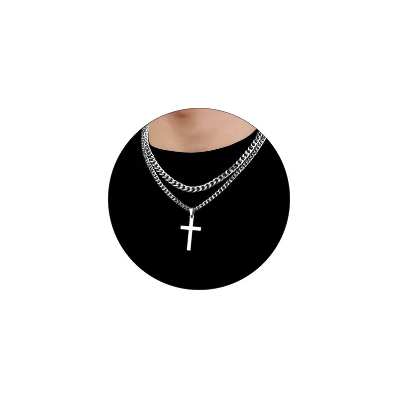 SENRAN Layered Cross Necklace for Men Stainless Steel Layered Cuban Link Chain 16-24 inch Christian Cross Pendant Religious Jewelry Gifts(S-18-20) - Image 1