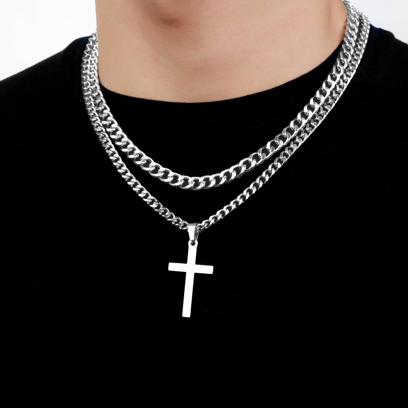SENRAN Layered Cross Necklace for Men Stainless Steel Layered Cuban Link Chain 16-24 inch Christian Cross Pendant Religious Jewelry Gifts(S-18-20) - Image 4