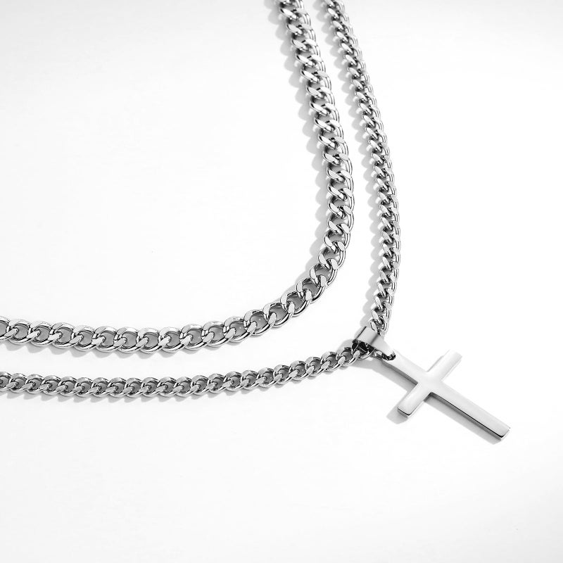 SENRAN Layered Cross Necklace for Men Stainless Steel Layered Cuban Link Chain 16-24 inch Christian Cross Pendant Religious Jewelry Gifts(S-18-20) - Image 2