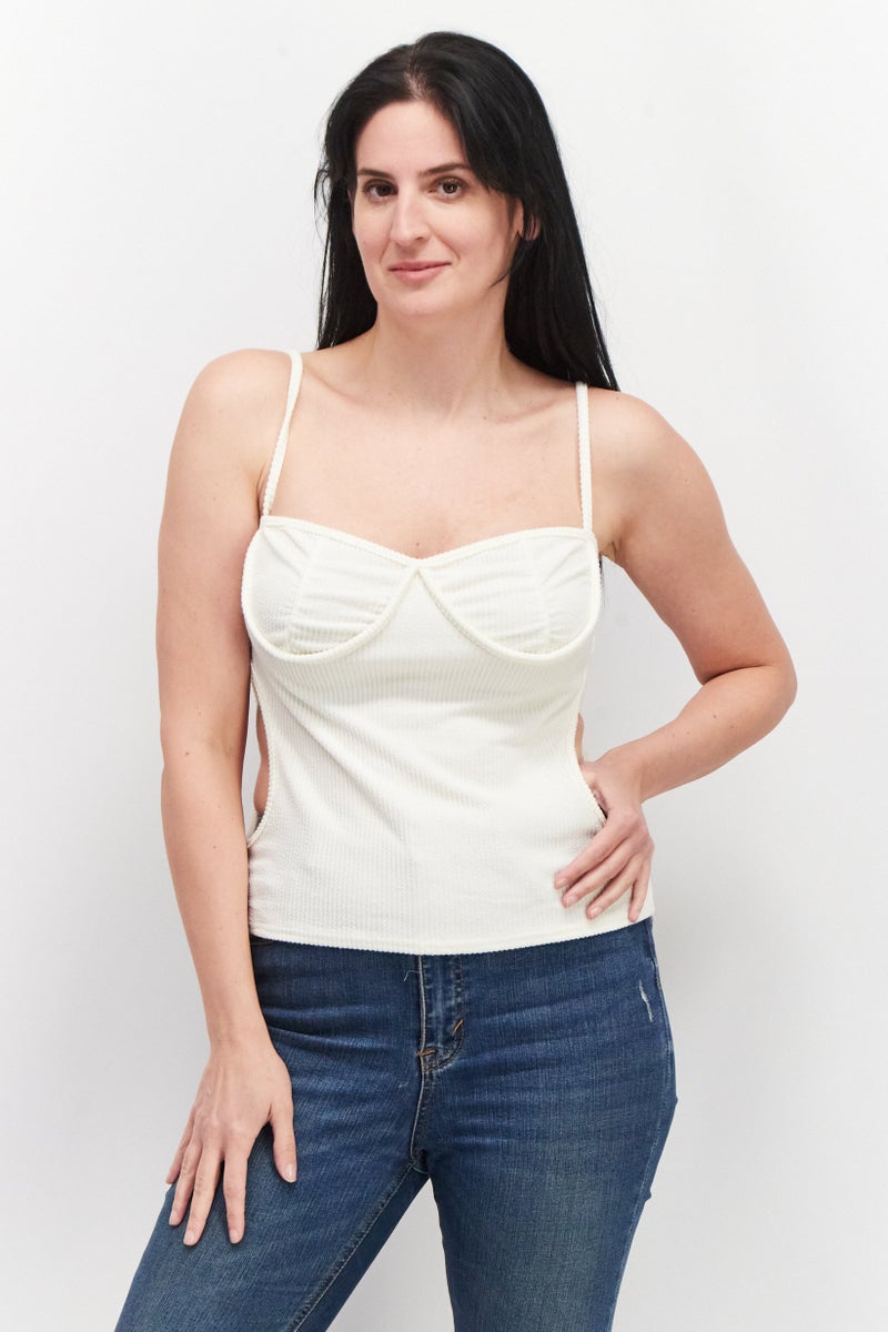 LASULA Women Sweetheart Neck Sleeveless Crop Top, Cream - Image 1