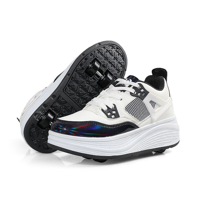 Generic Walking shoes four-wheel invisible Girls student roller skating shoes automatic walking boys deformation shoes childrens roller skating shoes Black