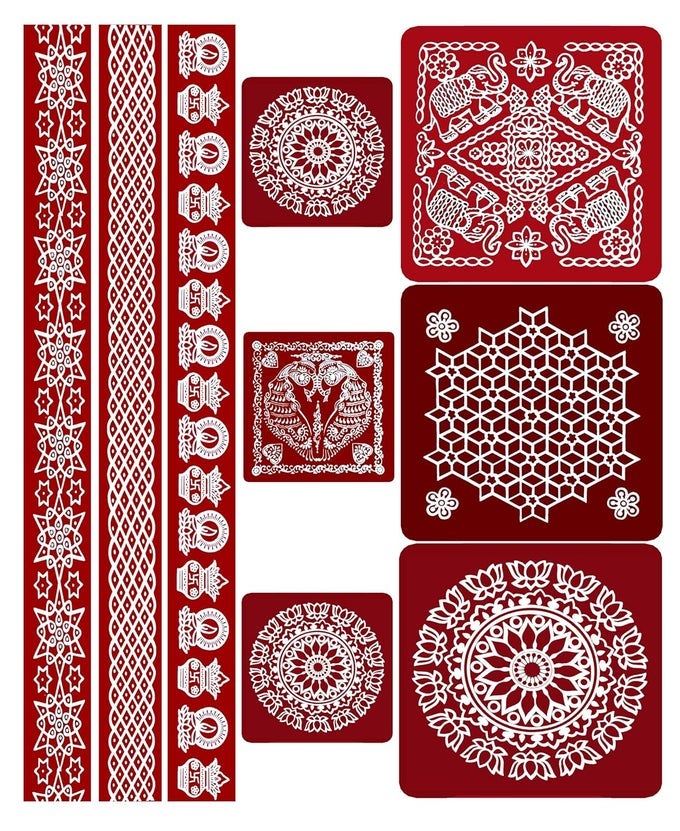 RANGOLI STICKER KOLAM STICKER FOR WALL TILE FLOOR STEEL STICKER 15X15 3PIC7X7 3PIC30X2 3PIC INCH MEROON MODAL MB3MS3MP3 PACK OF 1SET