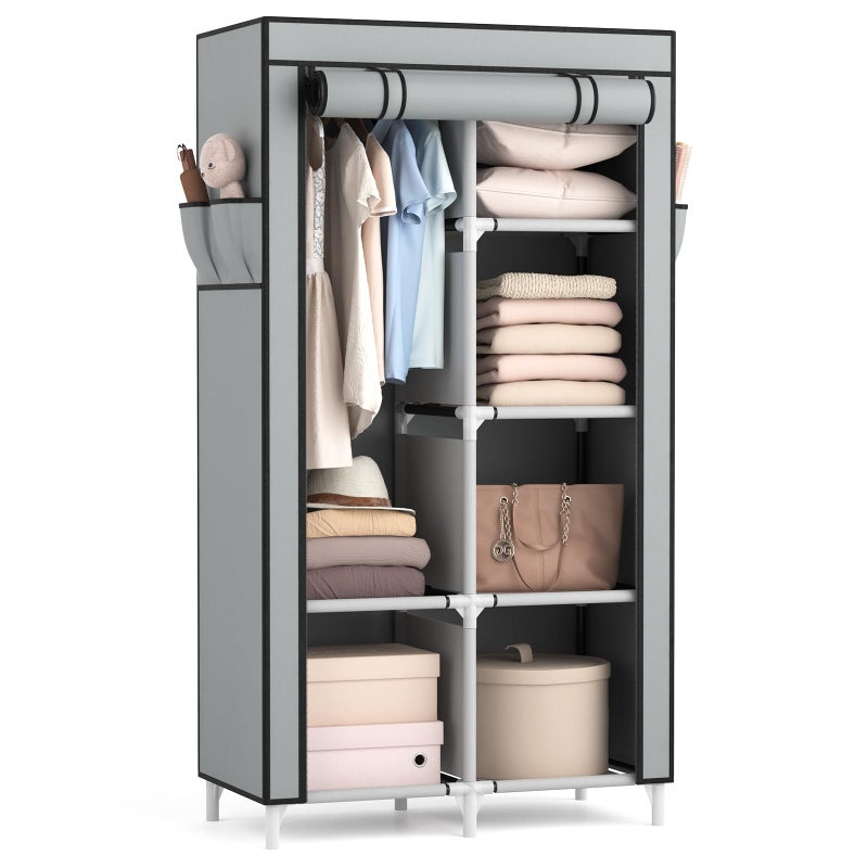 ROJASOP Portable Closet Wardrobe Closet for Hanging Clothes with 6 Storage Shelves 1 Hanging Rod and 4 Pockets Clothes Organizer and Storage Wardrobe Free Standing Closet for Bedroom Grey
