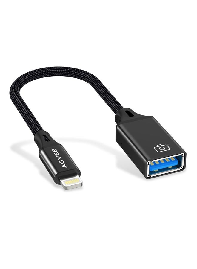 AGVEE 4 inch Lightning to USB Female Camera Adapter, OTG Cable for iPhone iPad to Connect Card Reader, USB Flash Drive, MIDI, Keyboard, Mouse, Hubs, Plug & Play, Black - Image 1