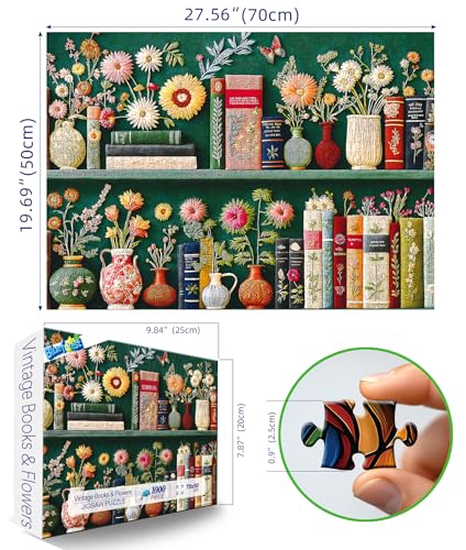 Blueforest Wildflower Embroidery Puzzles for Adults 1000 Pieces Vintage Flower Book Puzzle Wildflower Pages Jigsaw Puzzle for Book Lover Floral Art Bookshelf Library Puzzles - Image 5