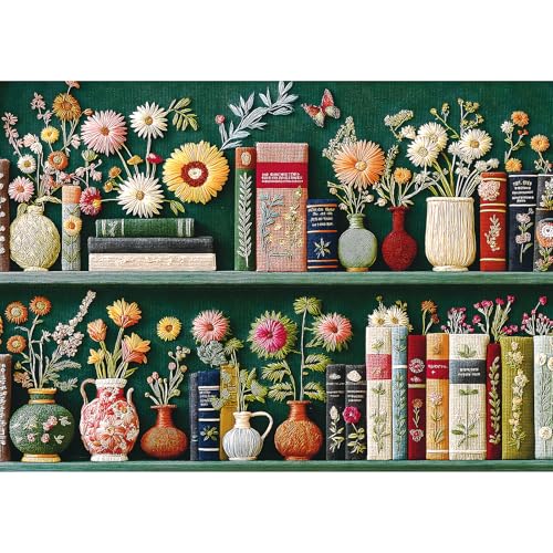 Blueforest Wildflower Embroidery Puzzles for Adults 1000 Pieces Vintage Flower Book Puzzle Wildflower Pages Jigsaw Puzzle for Book Lover Floral Art Bookshelf Library Puzzles - Image 1