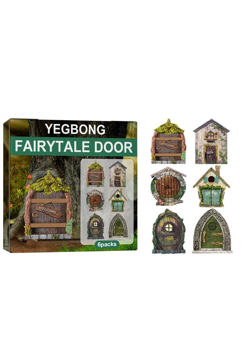 YEGBONG 6PCS Garden Decoration Fairy Tale Door Courtyard Tree Decoration Wooden Miniature Dwarf Decoration Fairy Tale Door  - Image 1