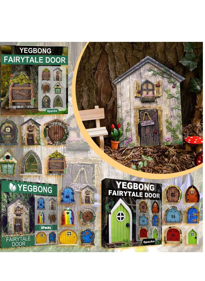 YEGBONG 6PCS Garden Decoration Fairy Tale Door Courtyard Tree Decoration Wooden Miniature Dwarf Decoration Fairy Tale Door  - Image 2