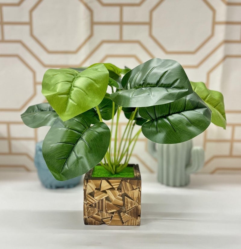 Dekorly Potted Plants Indoor Small Artificial Silk Plants Decor for Home Table Office Desk Bedroom Living Room Bathroom Shelf Farmhouse | Wooden Pot (Design-B, One Plant) - Image 1