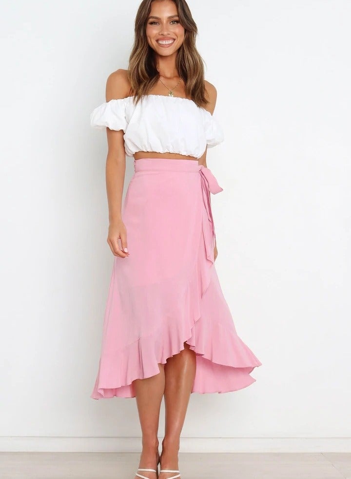 Loquat Women's Summer One-piece Lace-up Long Skirt Irregular Solid Color Skirt 