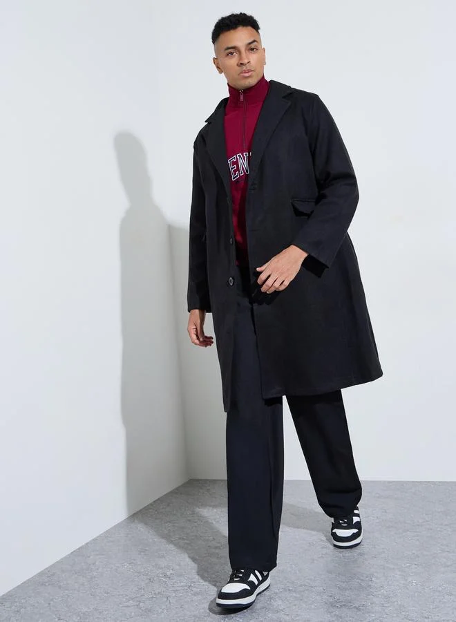 Styli Black Solid Regular Fit Button-Up Trench Coat