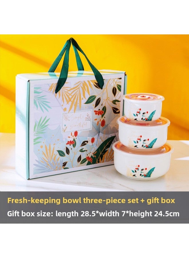Ceramic Fresh-keeping Bowl Three-piece Sealed Bowl Gift Bowl Set Gift Box Wedding Will Sell Wholesale Printed LOGO-Specifications:Morandi Leaves-Color:Fresh Bowl Small Single Egg/100 Sets Of A Box - Image 1