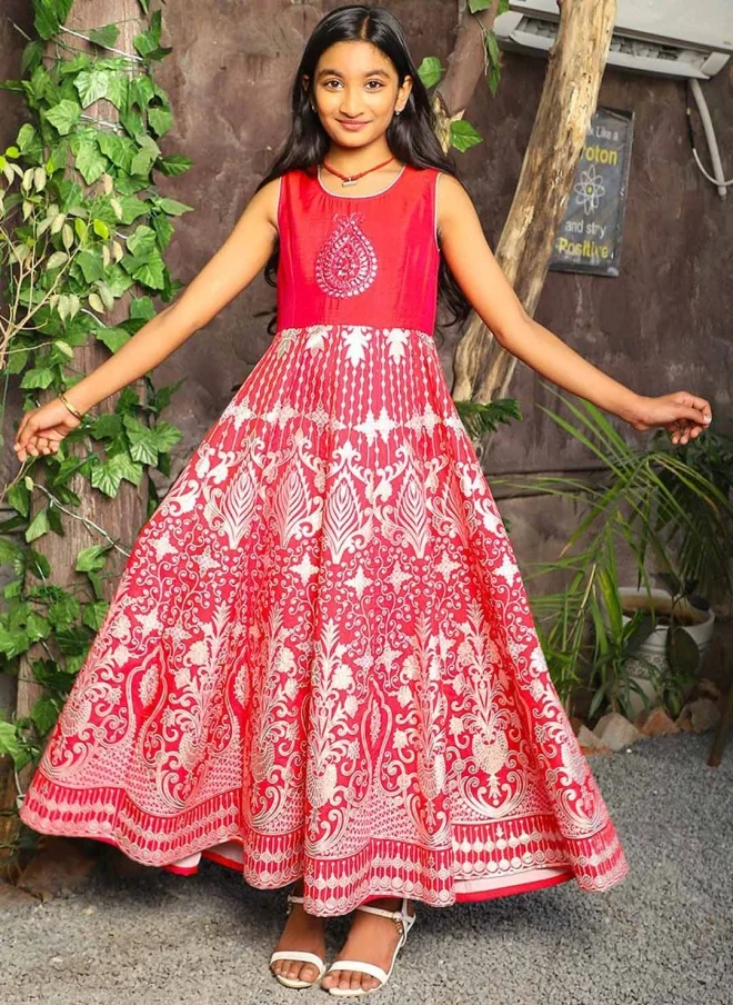 AKS Pink Embroidered Maxi Dress for Girls