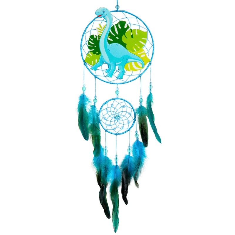 Basumee Dream Catcher for Kids Feather Dream Catchers Handmade Home Decor Wall Hanging with Double Ring for Nursery Bedroom Boys Room Light Blue Dinosaur