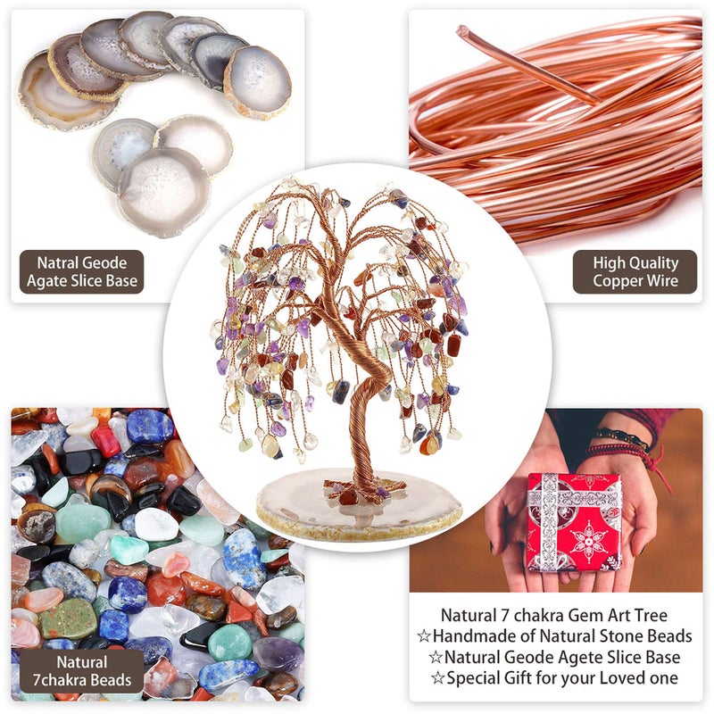 Jovivi Natural 7 Chakra Healing Crystals Quartz Tree Tumbled Gemstone Stones Money Tree  Geode Agate Slices Base Feng Shui Ornaments Home Decoration for Wealth and Luck 5.5""-6.3"" - Image 2
