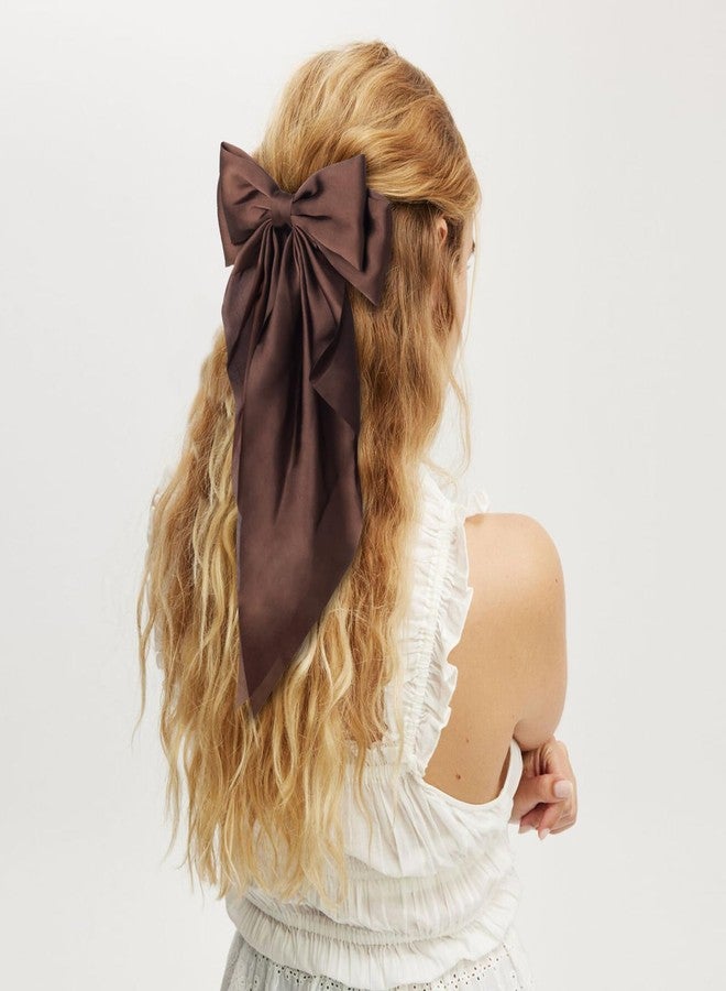 MIKONIKO Silky Satin Hair Bows for Women Girls - 4PCS Ribbon Bows for Hair, Big Bow Hair Clips with Long Tail, Barrettes - Cute Hair Accessories Gifts (Black, Brown, Khaki, Beige) - Image 3