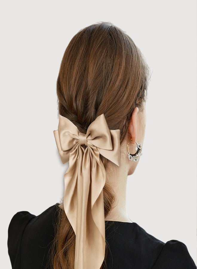 MIKONIKO Silky Satin Hair Bows for Women Girls - 4PCS Ribbon Bows for Hair, Big Bow Hair Clips with Long Tail, Barrettes - Cute Hair Accessories Gifts (Black, Brown, Khaki, Beige) - Image 2