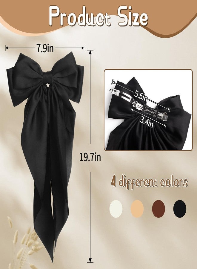 MIKONIKO Silky Satin Hair Bows for Women Girls - 4PCS Ribbon Bows for Hair, Big Bow Hair Clips with Long Tail, Barrettes - Cute Hair Accessories Gifts (Black, Brown, Khaki, Beige) - Image 4