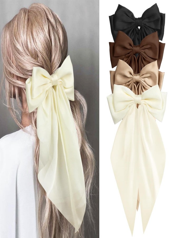 MIKONIKO Silky Satin Hair Bows for Women Girls - 4PCS Ribbon Bows for Hair, Big Bow Hair Clips with Long Tail, Barrettes - Cute Hair Accessories Gifts (Black, Brown, Khaki, Beige) - Image 1