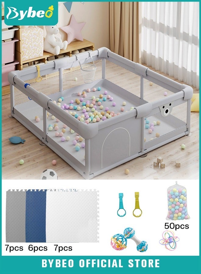 Bybeo Baby Playpen Fence With Playmat, Infant Indoor And Outdoor Kids Activity Center With 50 Pieces Ocean Balls, 3 Toys, 120x150 cm - Image 1
