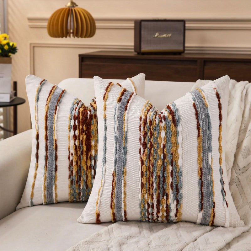 KOOLIFE Boho Striped Throw Pillow Covers 18x18 Inch Set of 2 Farmhouse Decorative Pillow Covers Chenille Tufted Accent Neutral Pillowcase Brown White Cushion Cover for Living Room Couch Sofa Bed - Image 2