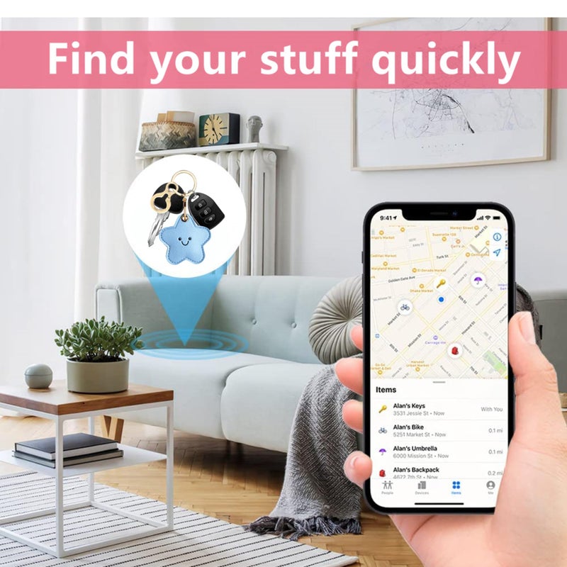 ZOUITY Leather Keychain Holder Case Compatible with AirTag,Cute Protective Cover with Keyring,Anti-Scratch Finder GPS Tracker Case for Wallet Keys,bag,pets,Backpack(Blue Star) - Image 5