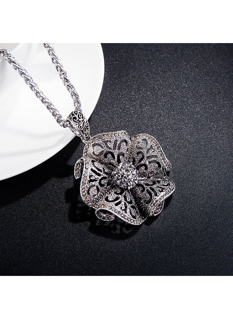 Generic - Floral Sweater Necklace Vintage Hollow Long PendantAncient silver gray diamond big flower Ancient silver gray diamond big flower - Image 1