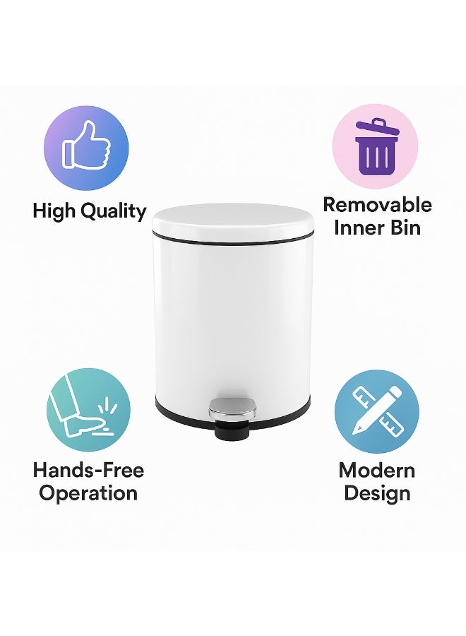 Primanova 6 Liter Stainless Steel Pedal Waste Bin With Soft-Close Lid & Inner Bucket – Compact Trash Can For Bathroom, Kitchen, Office, Bedroom & Living Room (White) - Image 4
