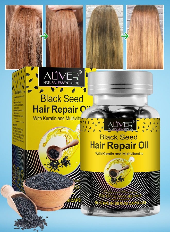ALIVER 40 قطعة من كبسولات زيت الحبة السوداء لإصلاح الشعر زيت الحبة السوداء العضوي مع الكيراتين والفيتامينات المتعددة زيت إصلاح الشعر بالحبة السوداء يضيء ويغذي ويعالج الشعر الجاف والتالف سيروم يُترك على الشعر - Image 1