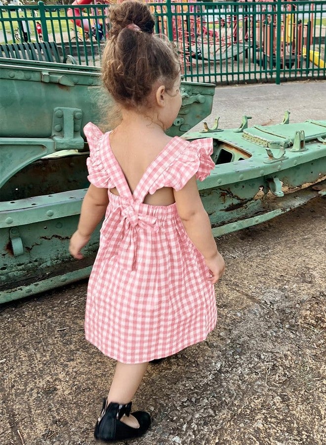 AGQT Baby Girls Plaid Dress Gingham Fly Sleeve Backless Summer Dresses Spring Smocked Birthday Easter Dresses Pink Size 18-24 Months - Image 4