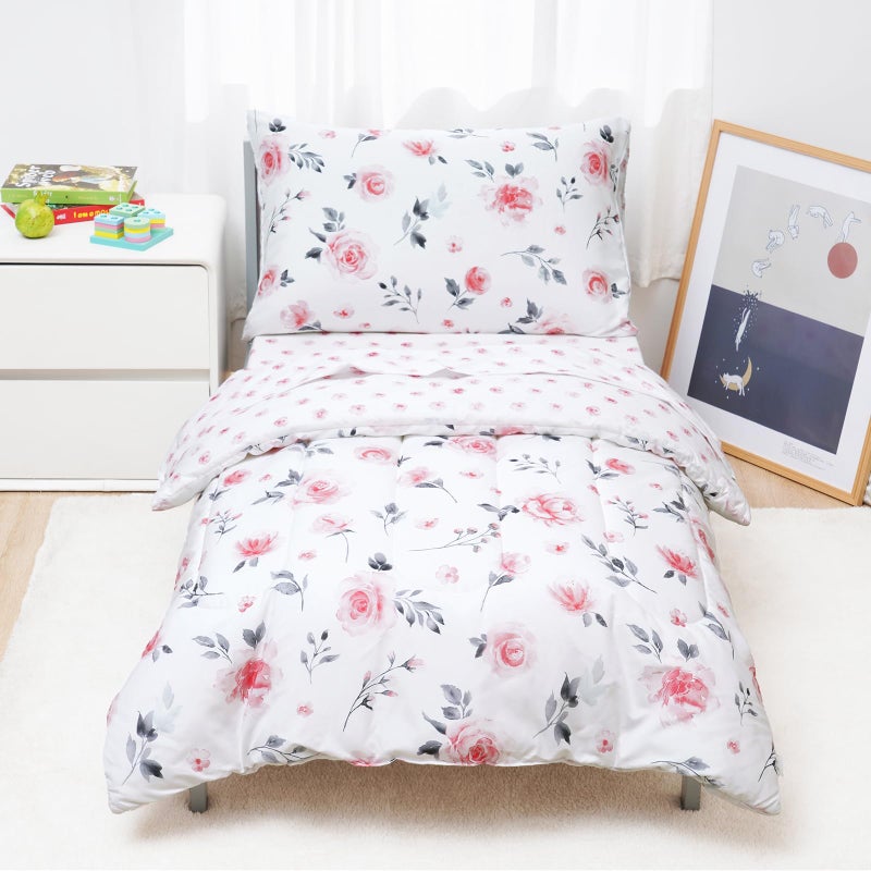 davids kids 4 Piece Toddler Bedding Set Soft Breathable Toddler Bedding Set for Girls Includes Quilted Comforter Flat Sheet Fitted Sheet and Pillowcase Pink Floral