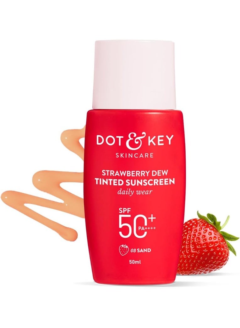 دوت آند كي واقي شمس ملون برائحة الفراولة من دوت آند كي، عامل حماية من الشمس 50+، لون رملي رقم 03 | حماية من الأشعة فوق البنفسجية بنوعيها UVA وUVB | واسع الطيف، مقاوم للماء والعرق | مناسب لجميع أنواع البشرة | 50 مل - Image 1