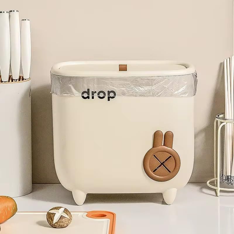 BLURISM BLURISM Attach A Trash Hanging Trashbin Holder Wall Mounted Trash Can Large Capacity Square White Plastic Cute Cartoon Hanging Trash Can Cream Brown  - Image 1