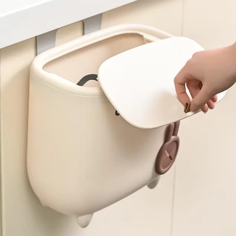 BLURISM BLURISM Attach A Trash Hanging Trashbin Holder Wall Mounted Trash Can Large Capacity Square White Plastic Cute Cartoon Hanging Trash Can Cream Brown  - Image 2