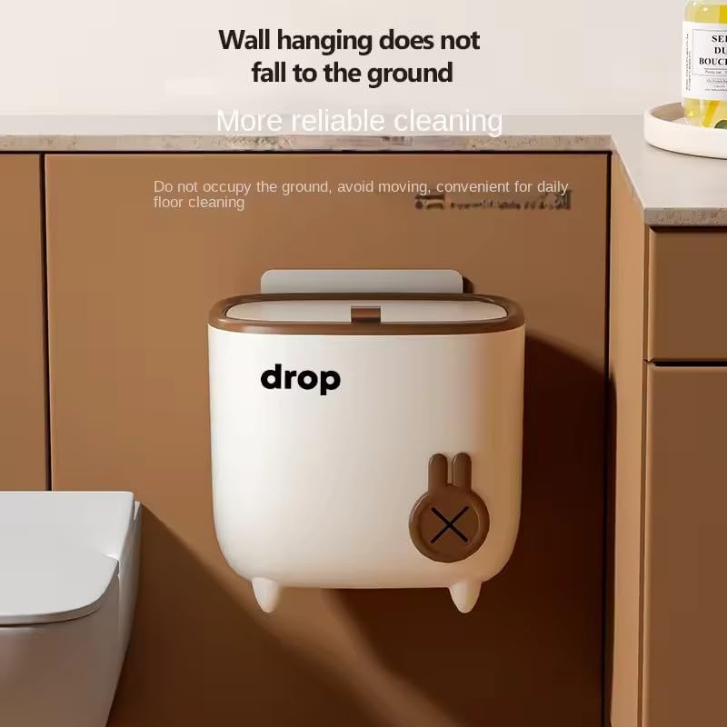 BLURISM BLURISM Attach A Trash Hanging Trashbin Holder Wall Mounted Trash Can Large Capacity Square White Plastic Cute Cartoon Hanging Trash Can Cream Brown  - Image 3