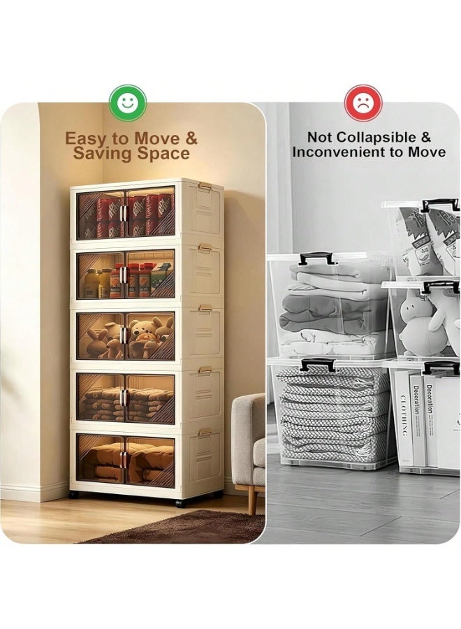 Foldable Storage Cabinet with Doors and Wheels, Freestanding Clothes Organizer - Image 5
