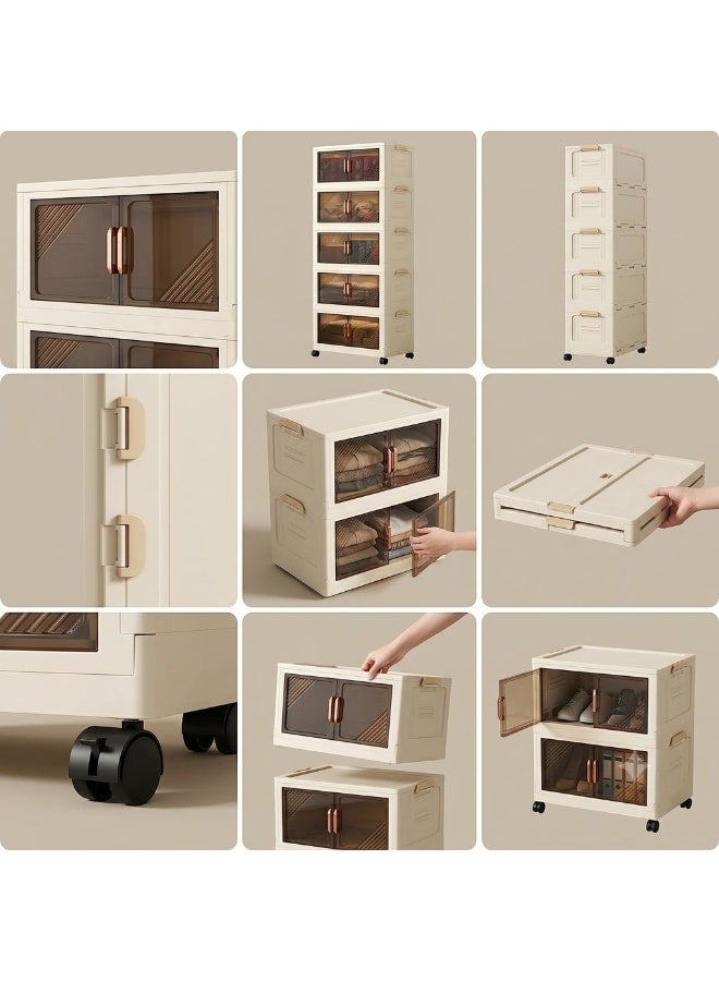 Foldable Storage Cabinet with Doors and Wheels, Freestanding Clothes Organizer - Image 4