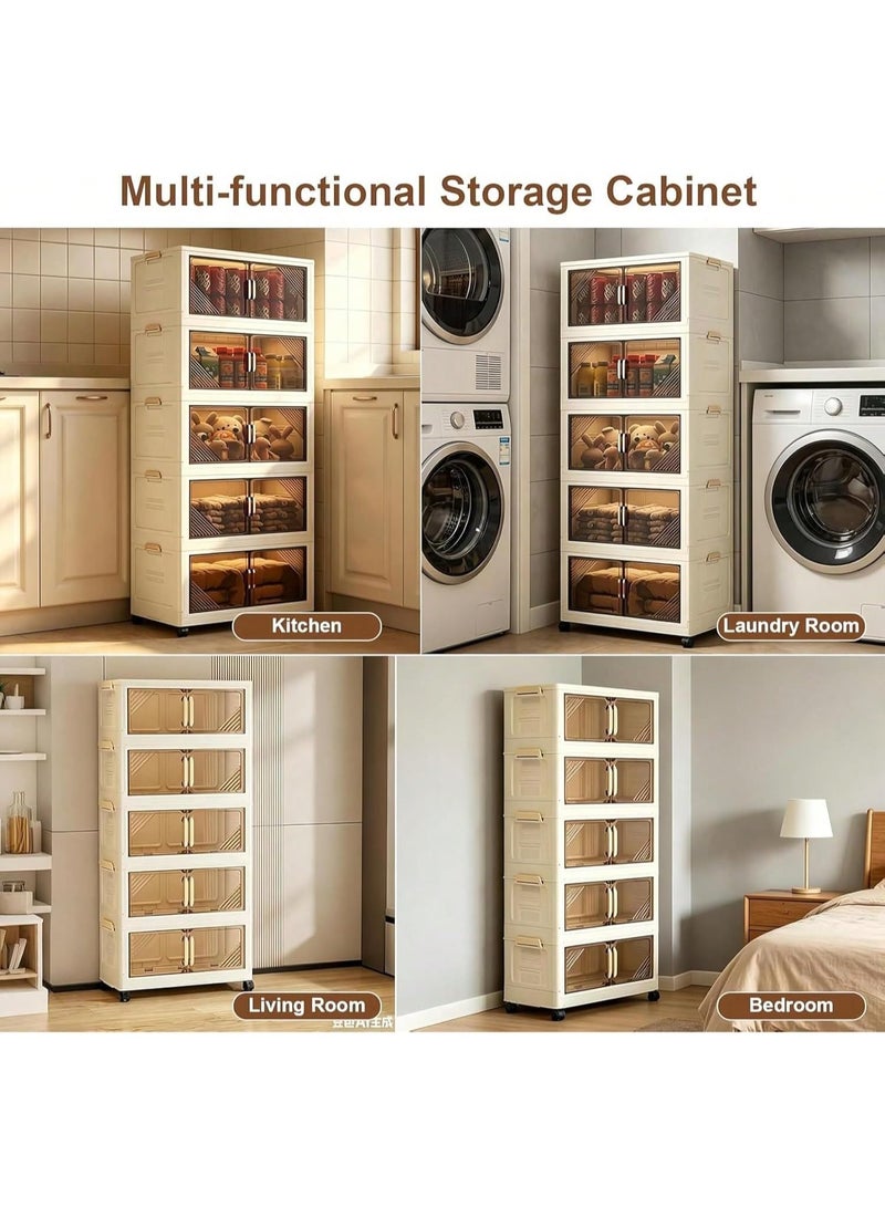 Foldable Storage Cabinet with Doors and Wheels, Freestanding Clothes Organizer - Image 3