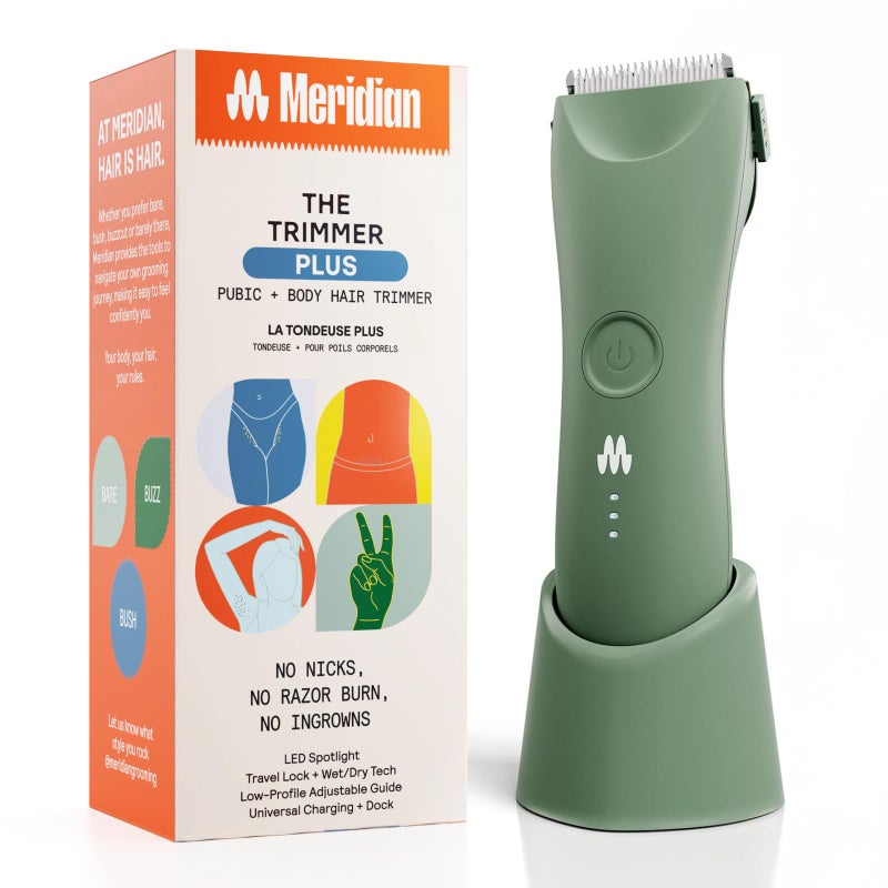 MERIDIAN Trimmer Plus Body Hair Manscaping Trimmer, Adjustable Guard, USB C Charging, Flash Light, Travel Lock, Charging Dock, Bikini Trimmer, Mens Body Hair Trimmer - Sage - Image 1