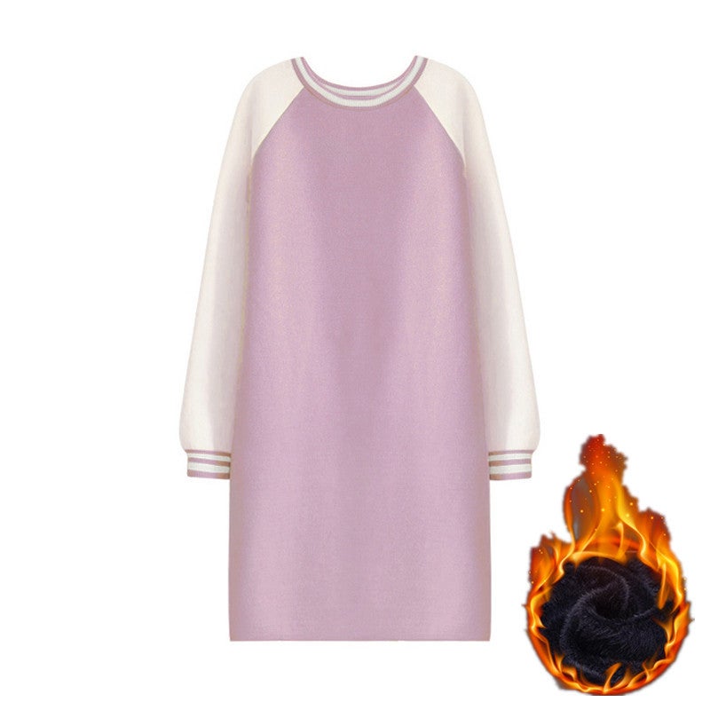 Autumn and Winter Fleece-lined Dress Womens Korean-style Academy-style New Slim-fit Slimming Mid-length Student Long-sleeved Base Skirt Pink