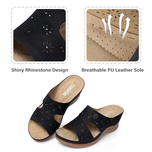 TEMOFON Women Wedge Sandals Dressy: Black Low Platform Sandal Size 9 Womens Comfortable Wide Width Leather Sandals Woman Casual Slip on Wedge Summer Shoes - Image 4
