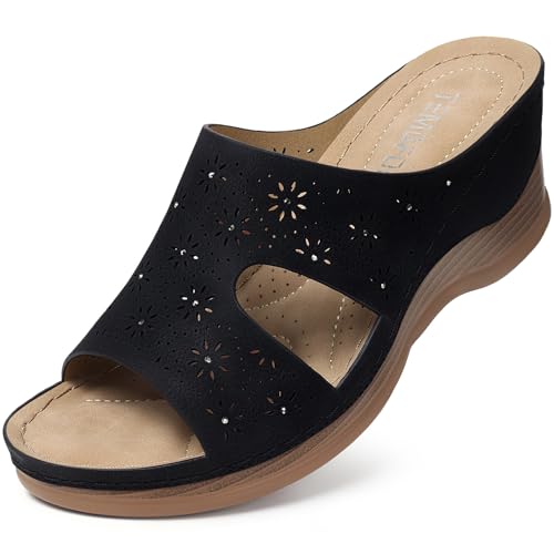 TEMOFON Women Wedge Sandals Dressy: Black Low Platform Sandal Size 9 Womens Comfortable Wide Width Leather Sandals Woman Casual Slip on Wedge Summer Shoes - Image 1