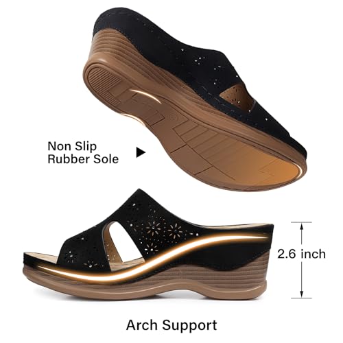 TEMOFON Women Wedge Sandals Dressy: Black Low Platform Sandal Size 9 Womens Comfortable Wide Width Leather Sandals Woman Casual Slip on Wedge Summer Shoes - Image 5